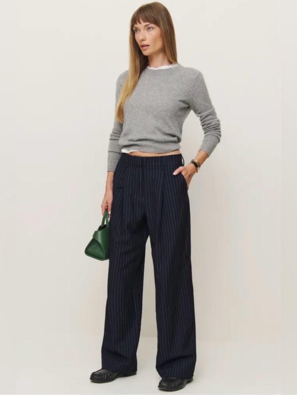 Reformation Alex Navy Pinstripe Wide-Leg Trousers